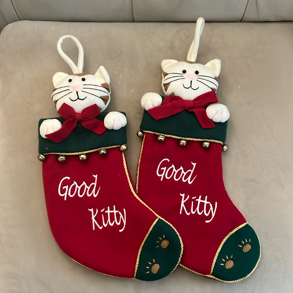 Set of 2 Cat Christmas Stocking 3D Plush GOOD KITTY Bells  14"
